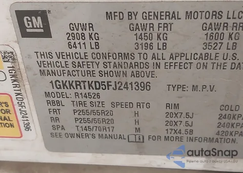 2015 GMC Acadia Denali z USA, uszkodzony, nr VIN 1GKKRTKD5FJ241396
